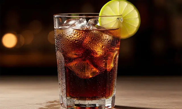 En svalkande cuba libre drink med is och en limeklyfta, perfekt för en varm kväll.