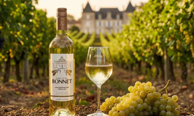 En flaska och ett glas vitt vin, druvor och en vingård. Sauvignon blanc passar till fisk och skaldjur.