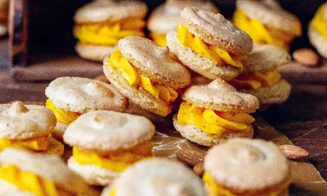 Fredriks fika: små, ljusa marängkakor fyllda med krämig, gul fyllning. En perfekt liten godsak.
