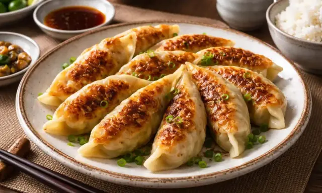 Gyldene, stekpanne-stekte dumplings, pyntet med vårløk. Perfekt for et enkelt dumplings recept. Serveres med dipp og ris.