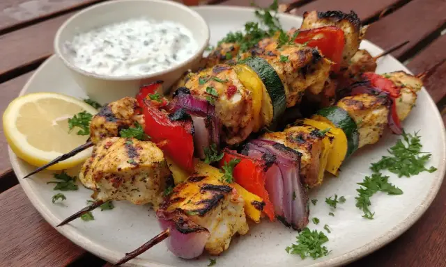 Grillspett med kyckling, paprika, lök och zucchini. Serveras med en yoghurtsås och citronklyfta. Ett perfekt grillspett recept för sommaren.