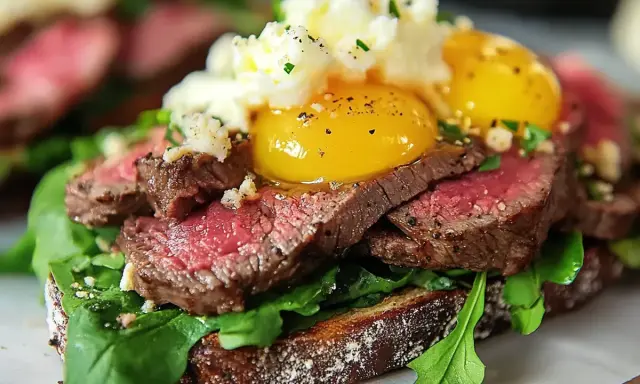 En lyxig bookmaker toast med mört biff, rucola, äggulor och ost. En perfekt start på dagen!