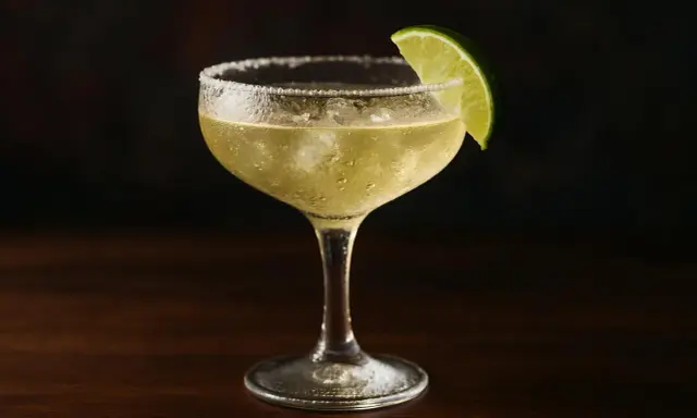 En kyld margarita med saltkant och limeklyfta. Perfekt för ett enkelt margarita recept.