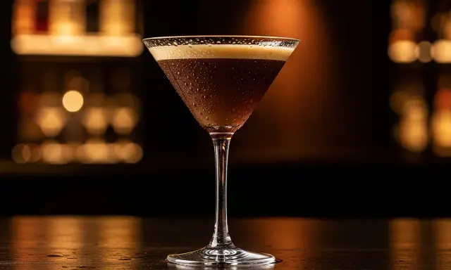 En svalkande alkoholfri espresso martini med krämig skumtopp, perfekt för en kväll på stan.