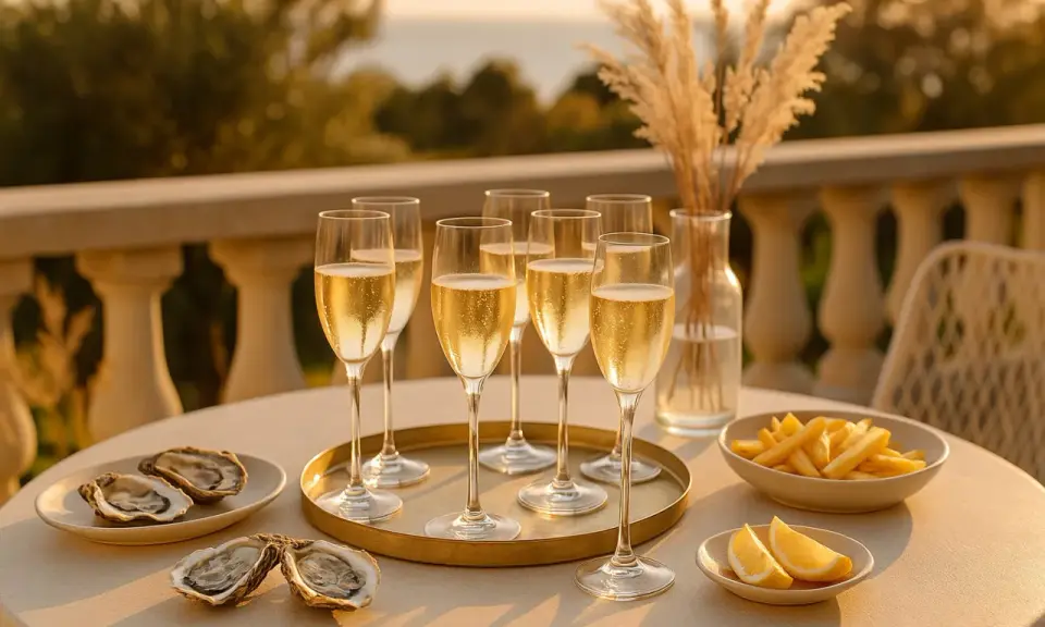 Ett perfekt tillfälle för ostron till champagne. Glas med bubblande dryck, färska ostron och citronklyftor på ett solbelyst bord.