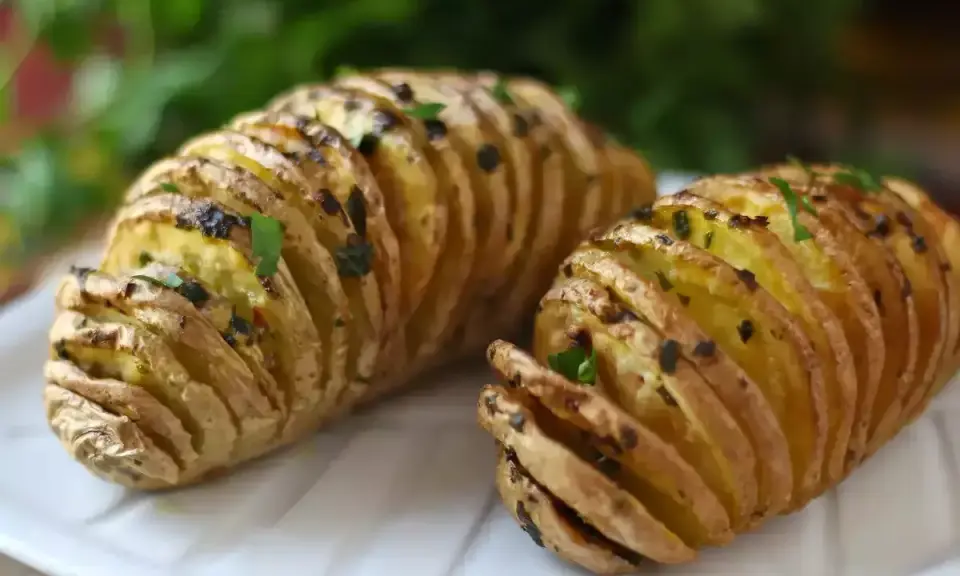 Två gyllene hasselbackspotatisar med örter, redo att serveras. Ett perfekt hasselbackspotatis recept för middagen.