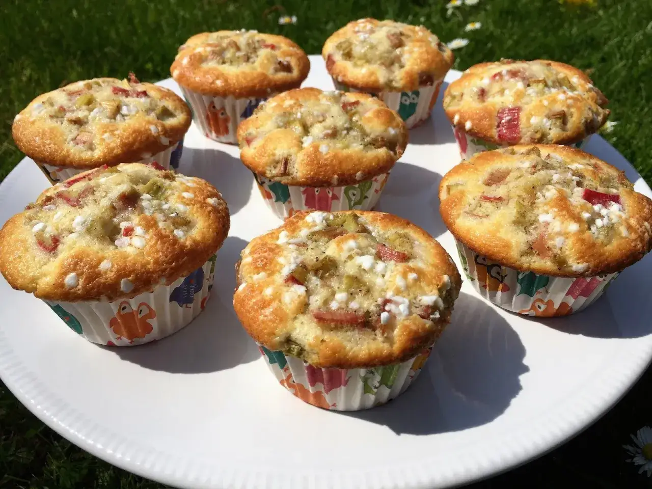 Fredriks fika: saftiga rabarbermuffins med pärlsocker, redo att avnjutas utomhus i solen.