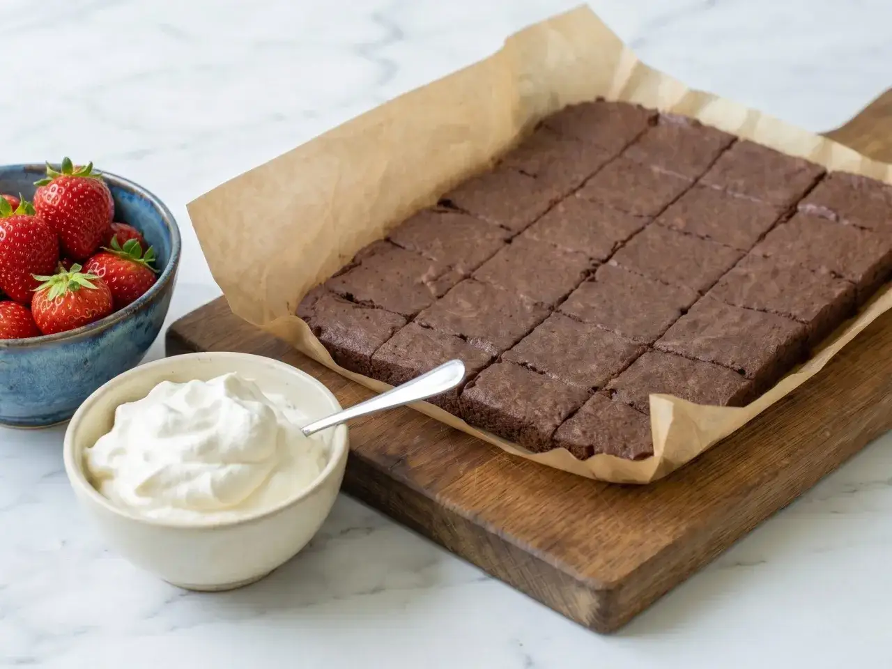 En kladdkaka i l&aring;ngpanna, uppskuren i rutor, serveras med vispad gr&auml;dde och f&auml;rska jordgubbar. Perfekt f&ouml;r fikat!