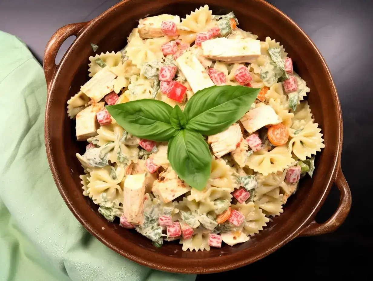 En härlig pastasallad med kyckling, farfallepasta, paprika och en krämig dressing. Toppad med färsk basilika.