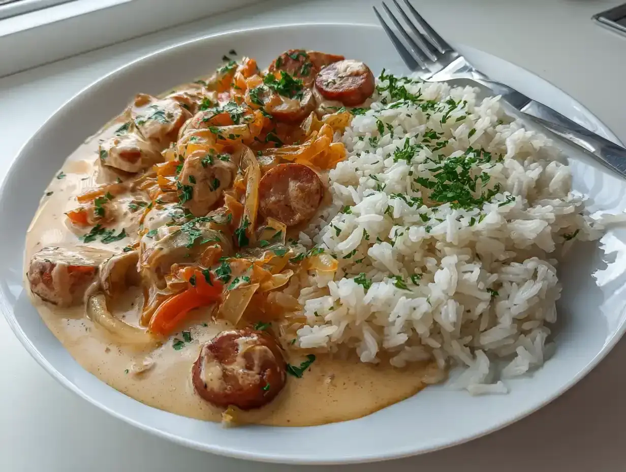 En krämig korv stroganoff med ris, perfekt för en snabb och god middag. Detta recept är en favorit!