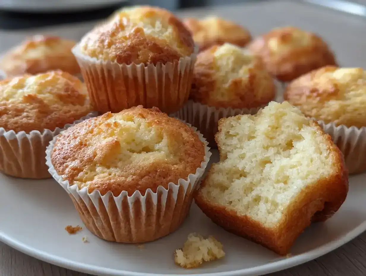 En tallrik med fluffiga muffins, perfekt f&ouml;r ett enkelt recept. En muffin &auml;r upp&auml;ten och visar den mjuka insidan.