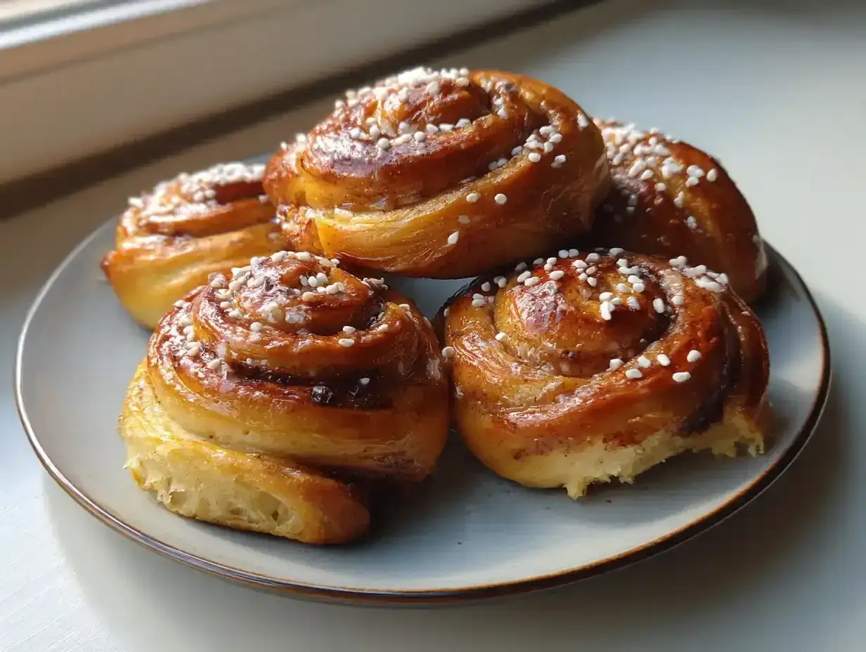 Fredriks fika: nybakade kanelbullar med pärlsocker, redo att avnjutas. Ett perfekt kanelbullar recept för en mysig stund.