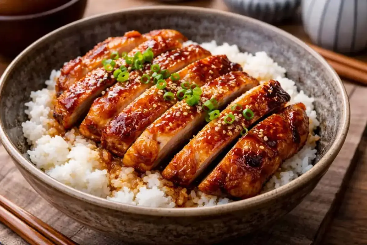 En skål med ris toppad med saftiga, glaserade kycklingbitar. Denna sticky chicken är garnerad med sesamfrön och grön lök.