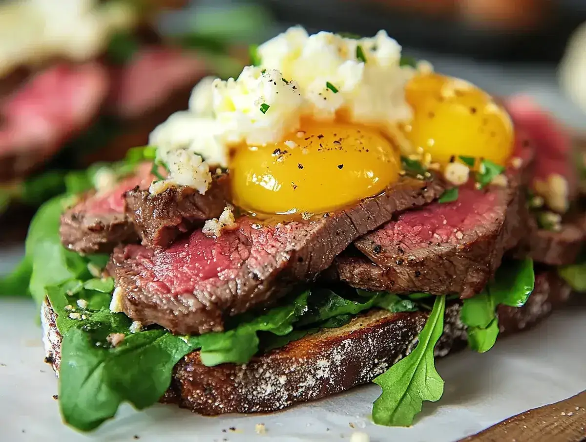 En lyxig toast med mört biff, rucola, äggulor och ost. Ett perfekt bookmaker toast recept för en festlig frukost eller brunch.