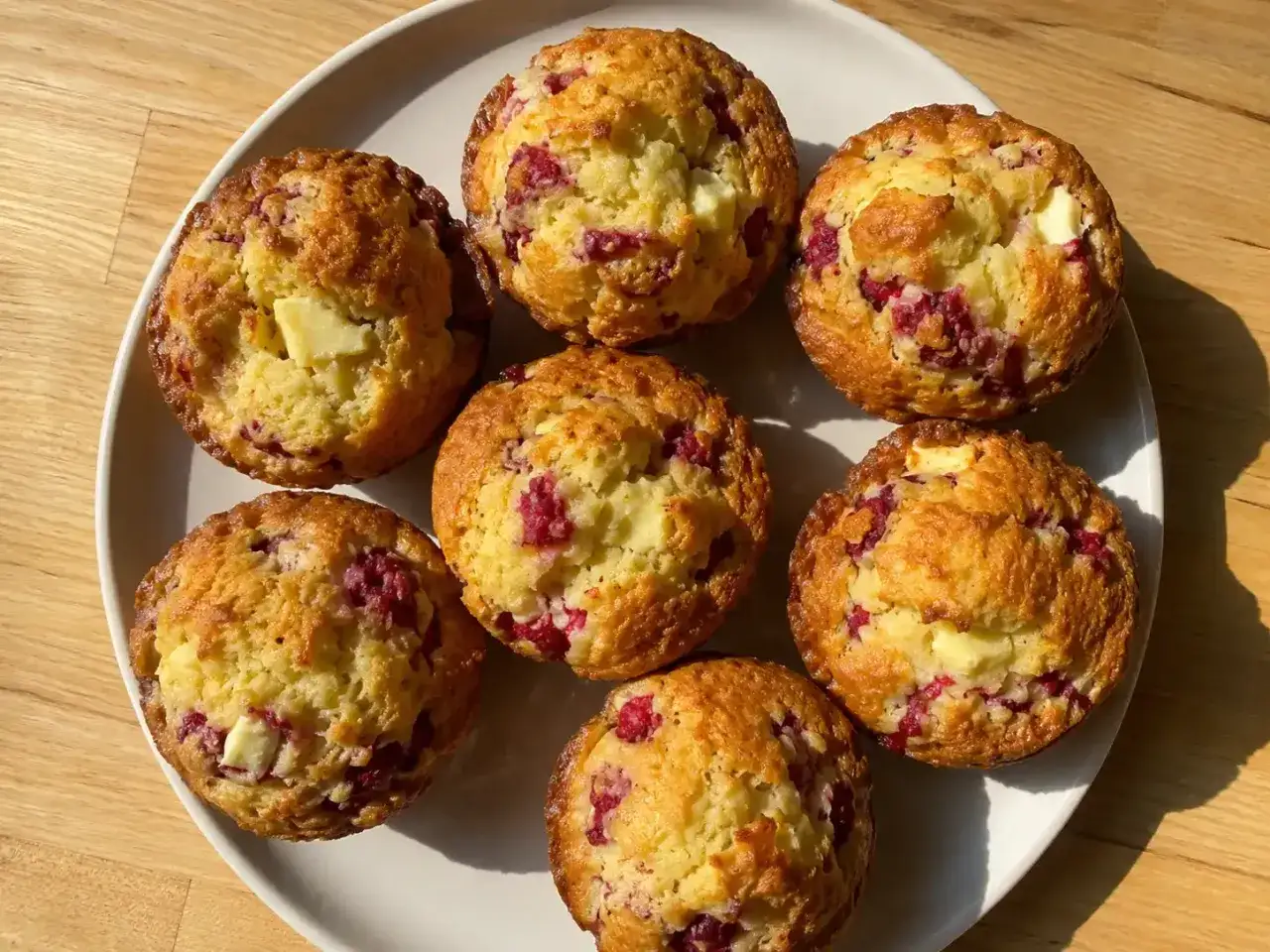 Fredriks fika: Sju gyllene hallonmuffins med bitar av vit choklad, redo att avnjutas.
