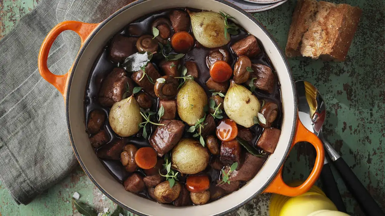 En mustig boeuf bourguignon i en orange gryta, med möra köttbitar, champinjoner, små lökar och morötter. Serveras med en bit bröd.