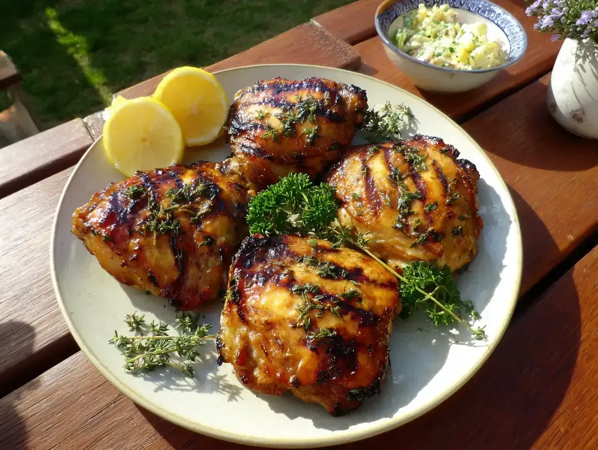 Grillad marinad kyckling med citron och örter, serverad på en tallrik utomhus.
