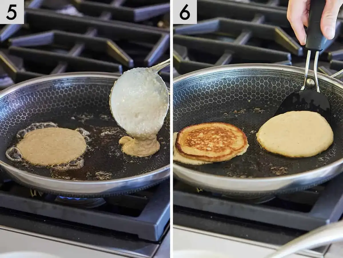 Steg 5 och 6: Pannkakor med havregryn steks i en stekpanna. En skopa smet hälls i pannan, och sedan vänds en färdigstekt pannkaka med en stekspade.
