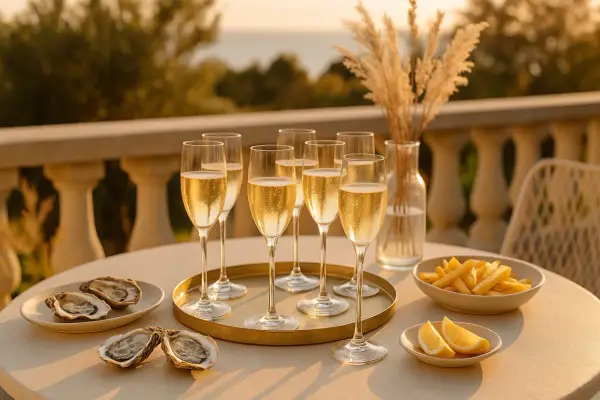 Ett perfekt tillfälle för ostron till champagne. Glas med bubblande dryck, färska ostron och citronklyftor på ett solbelyst bord.