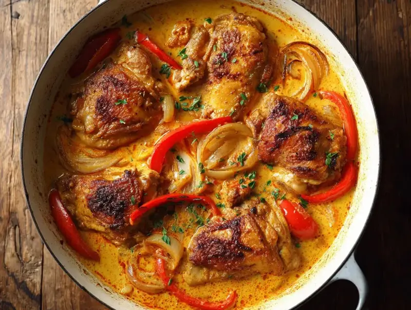 En krämig gryta med kycklinglårfilé, paprika och lök. Ett perfekt kycklinglårfile recept för en smakrik middag.